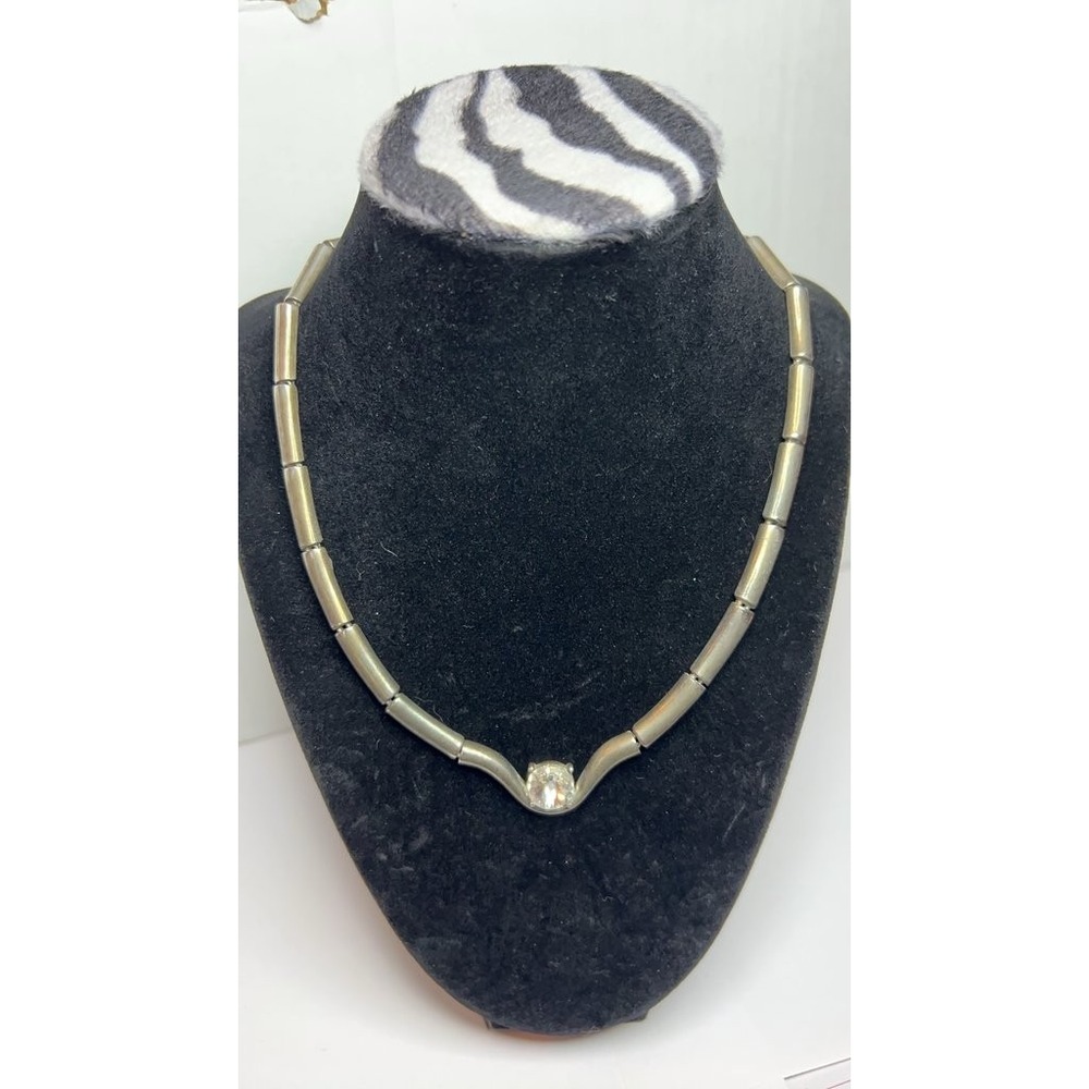 Vintage Silver-Tone Necklace with Clear Stone
